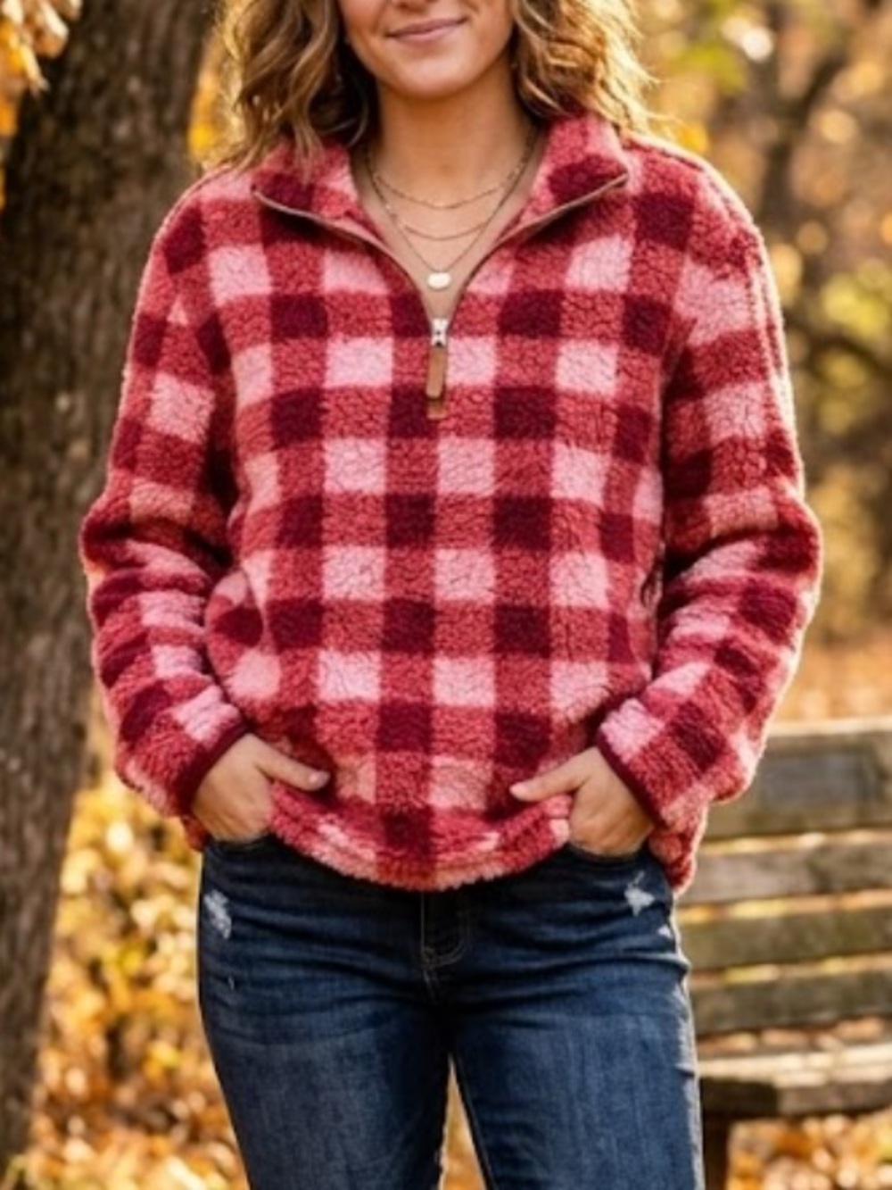 Katydid Red and‎ Cream Plaid Half-Zip Pullover
